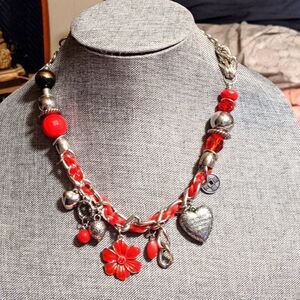 Vintage red & silvertone flower, heart, strawberry, beads, charms necklace